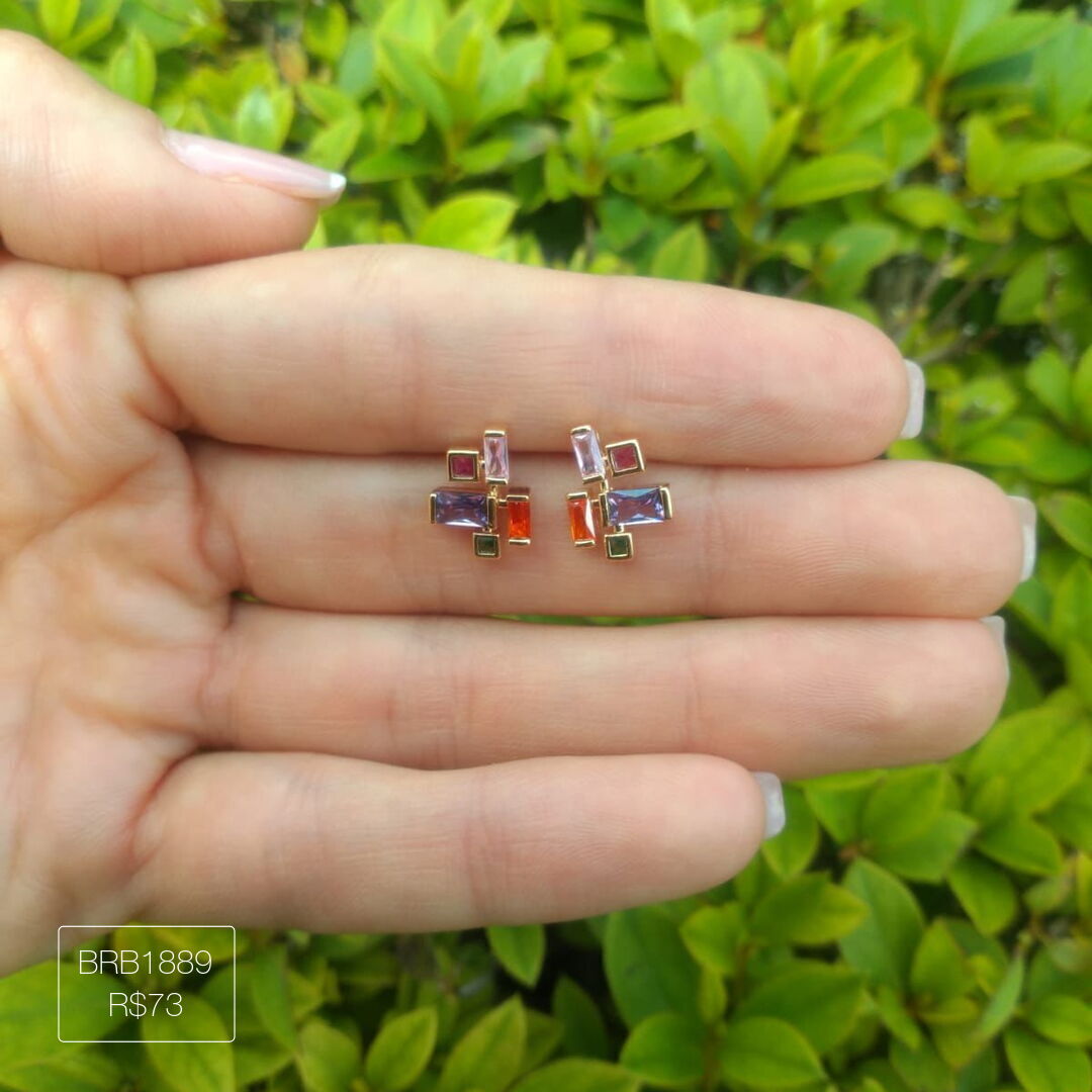 Brinco 3 Baguetes + 2 Carrés Rainbow Dourado